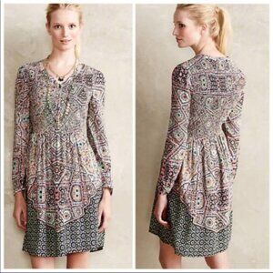 Anthropologie Maeve Tiled Amethyst Smocked Pattern V Neck Dress Size XS Petite